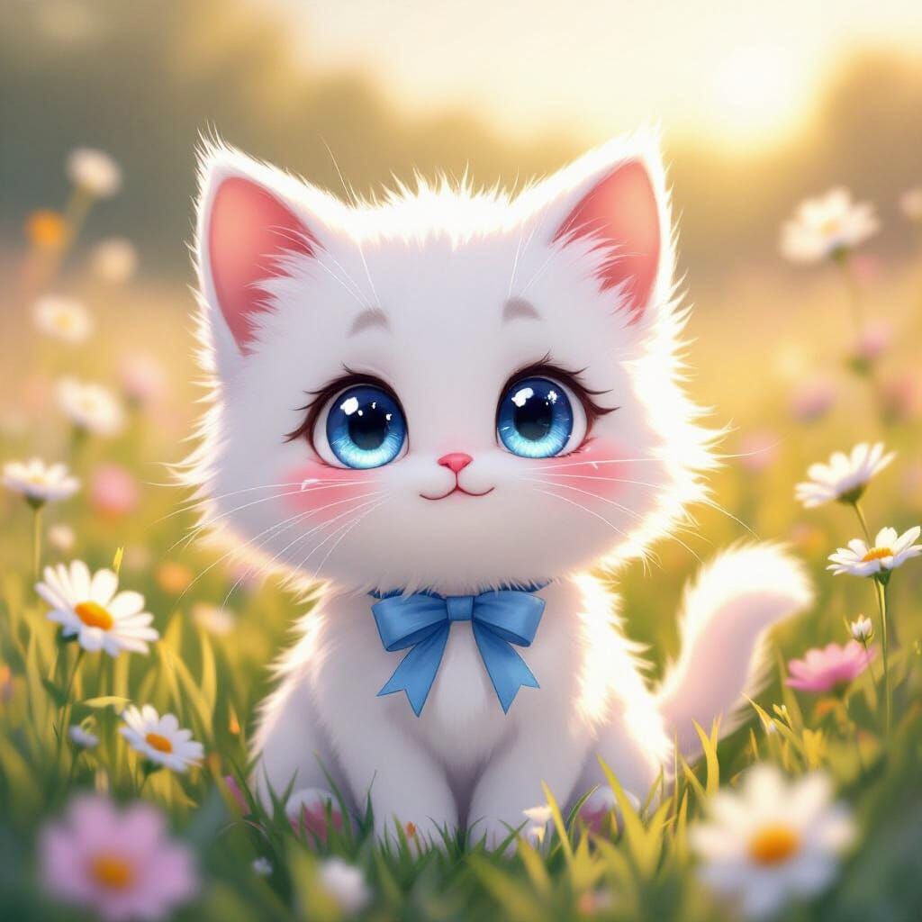 Ultra-Cute Anime Cat in Sunlit Wildflower Field