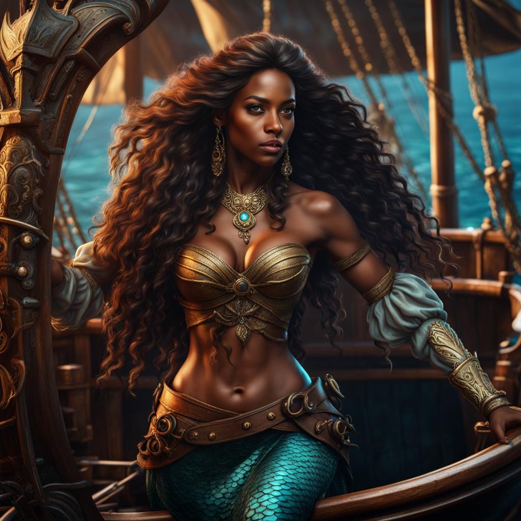 Mermaid Helms Pirate Ship: Detailed Fantasy Art