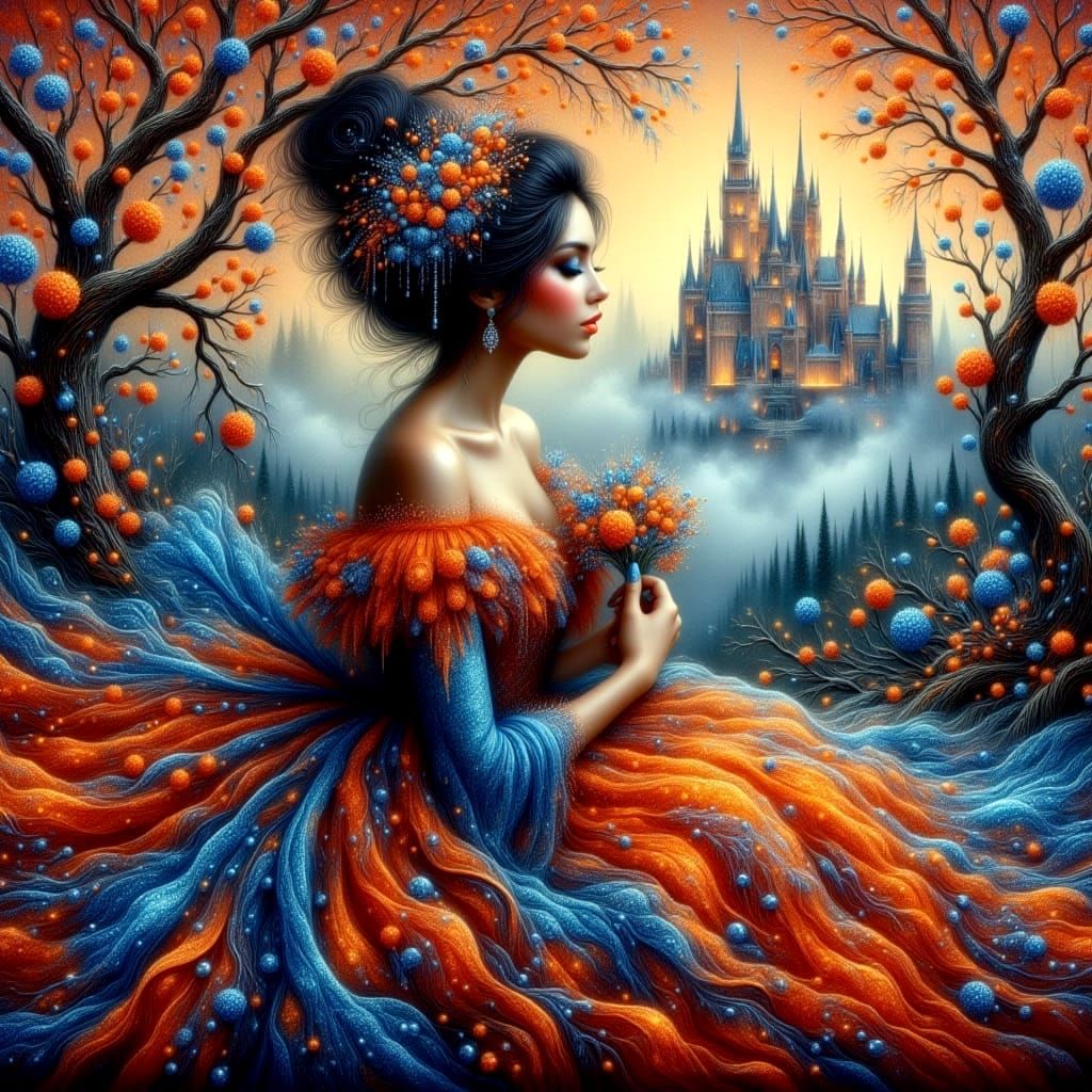 Orange and Blue Gown in Ethereal Evening Landscape