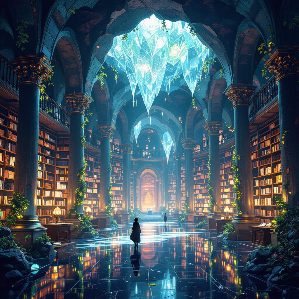 Ancient Geode Library with Crystal Shelves