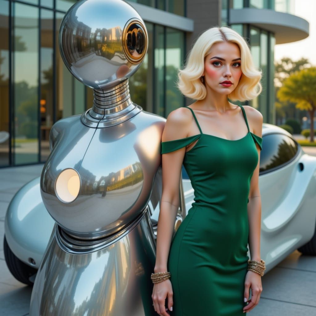 1930s Woman Beside Chrome Robot and Skycar