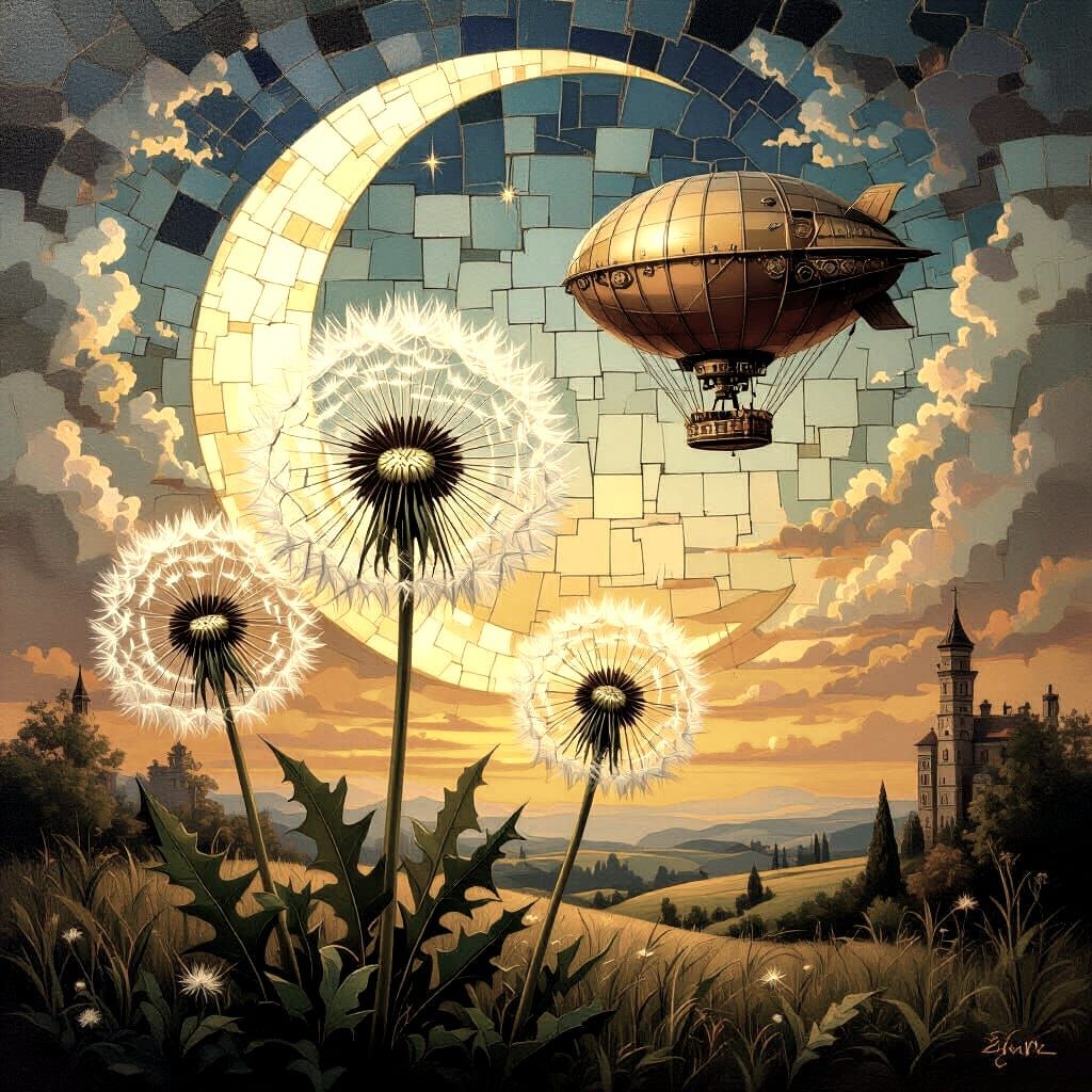 Surreal Dandelion Landscape with Airship: Oil Painting