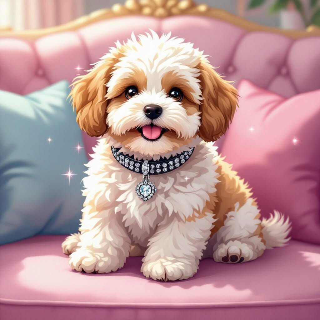 Joyful Cockapoo Dog on Pink Sofa in Anime Style