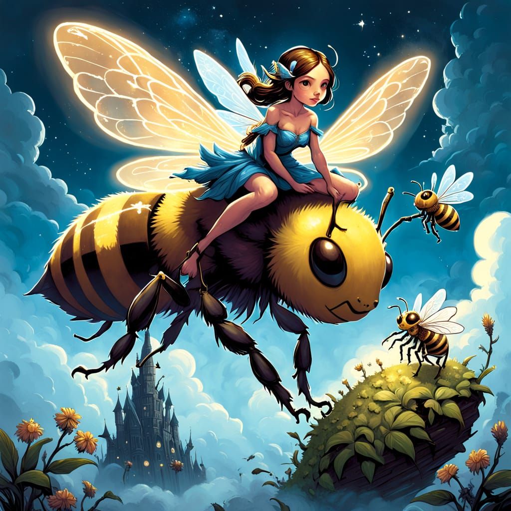 Whimsical Fairy Soars on a Majestic Bee in a Vibrant Dreamli...