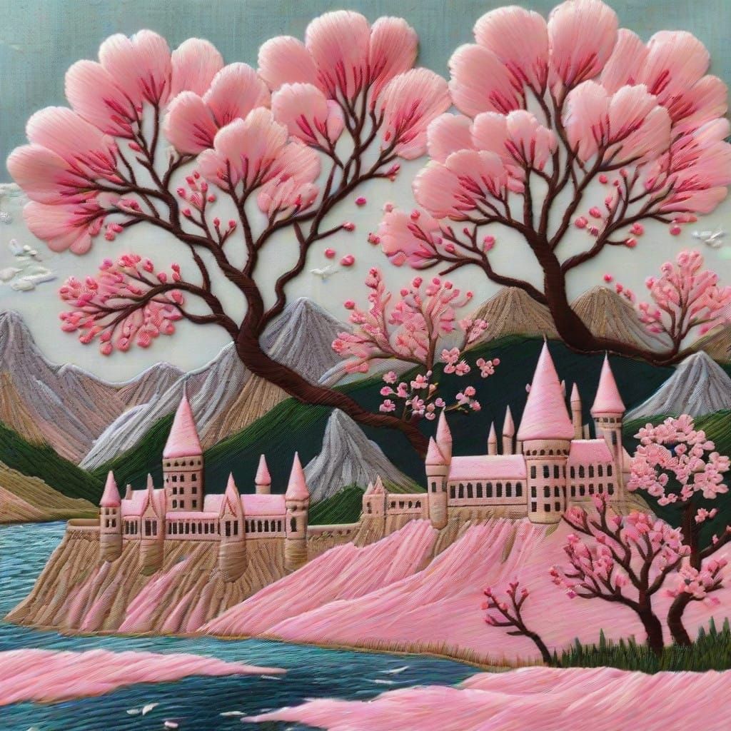 Whimsical Embroidered Landscape of Pink Hogwarts in Cherry B...