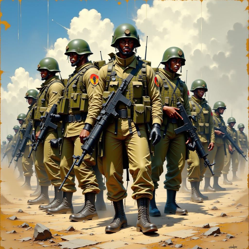Marine Soldiers in Wartime Landscape, Comic Book Art