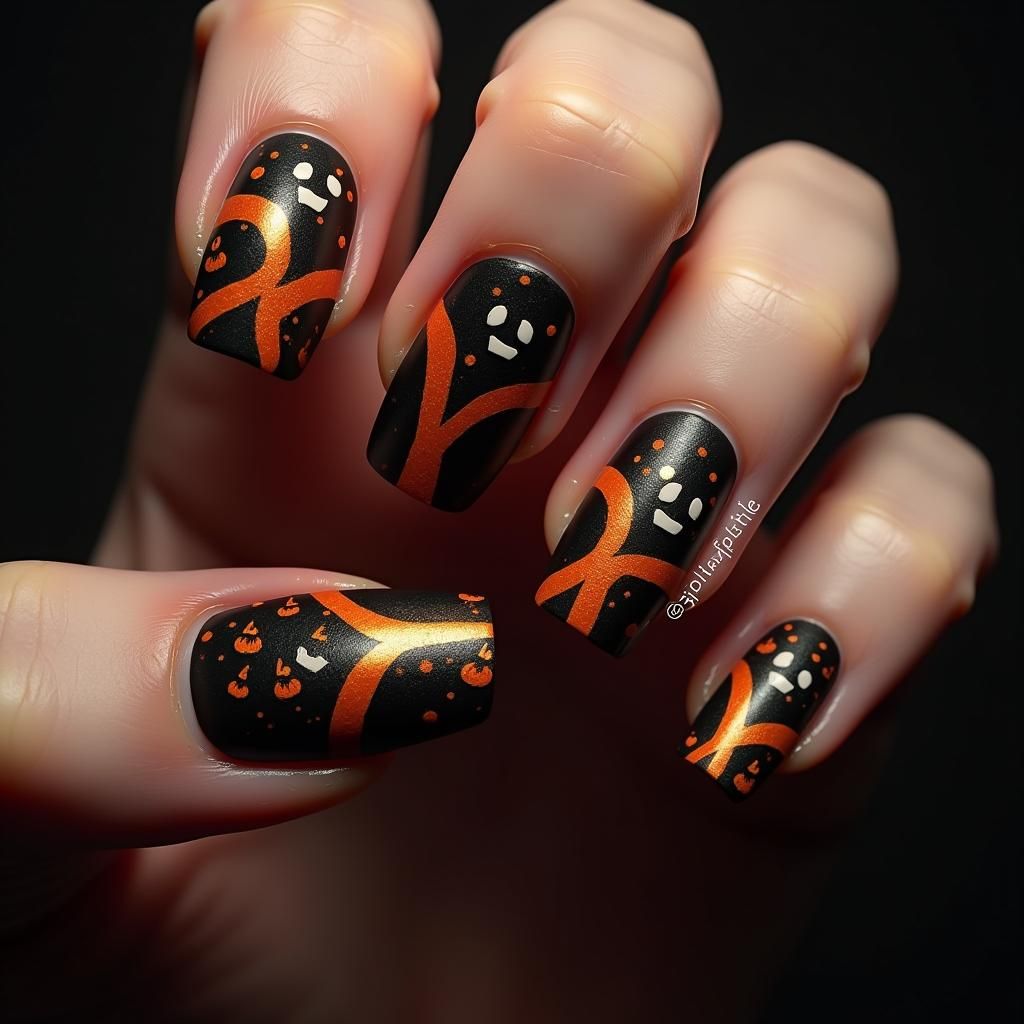 Halloween Nail Art with Black, Orange Stripes and Ghosts