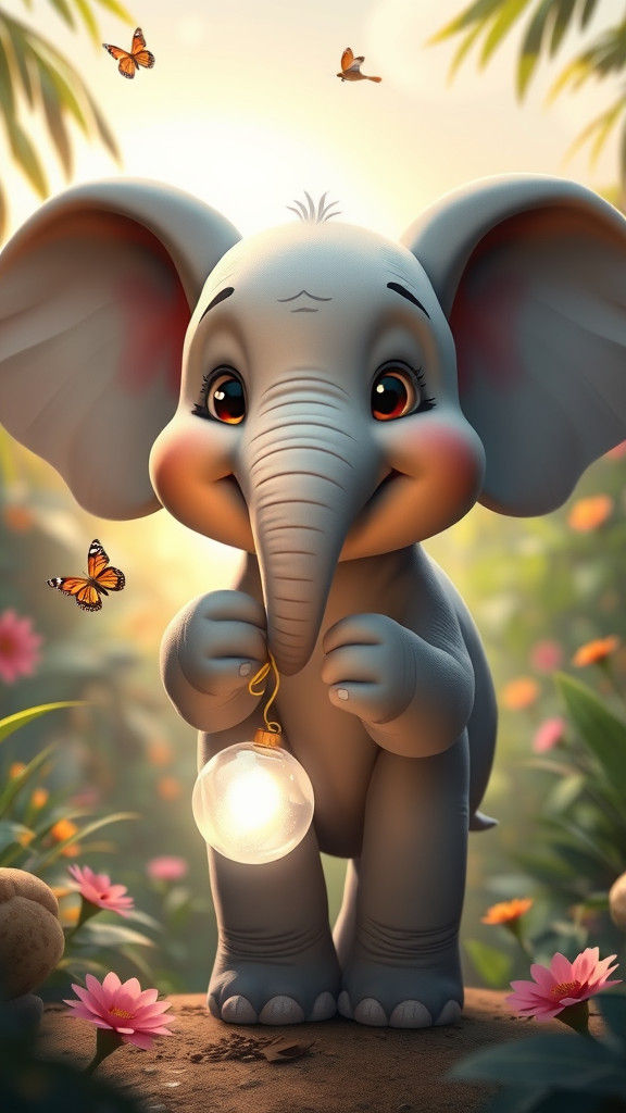 Baby Elephant Ella with Glowing Balloon in Pixar Style