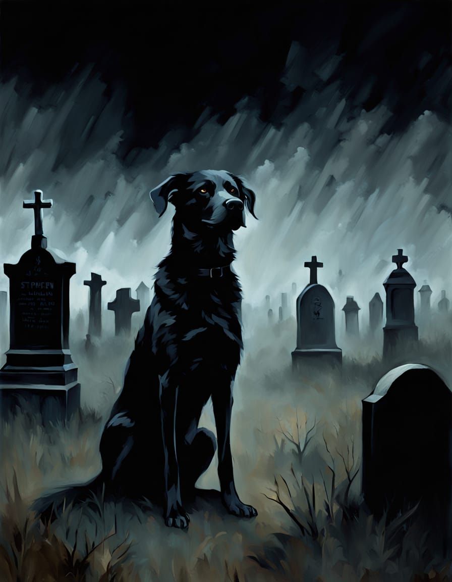 Spectral Black Dog in Foggy Churchyard, Chiaroscuro Style