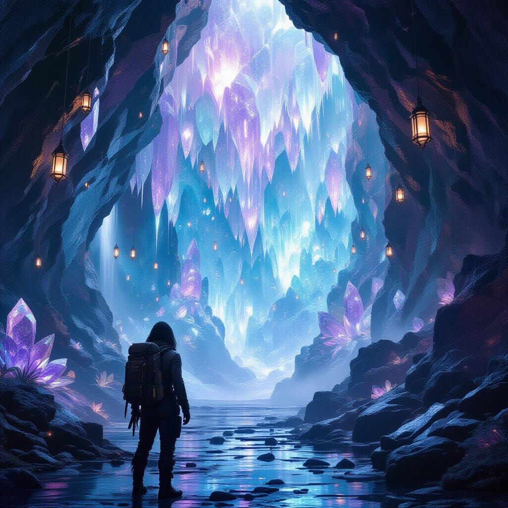 Explorer in Colossal Glowing Crystal Cave