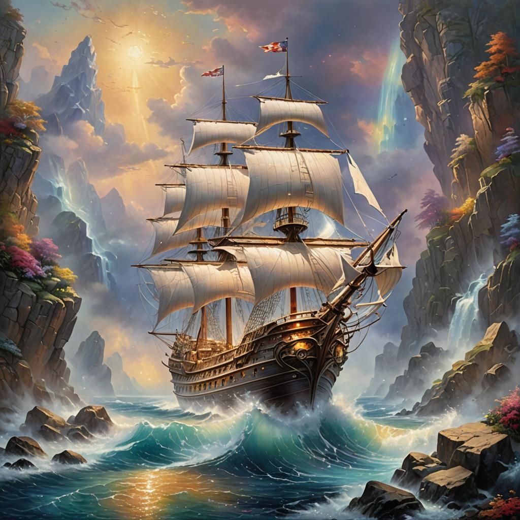 Glass Ship on Marble Coast in Ethereal Style