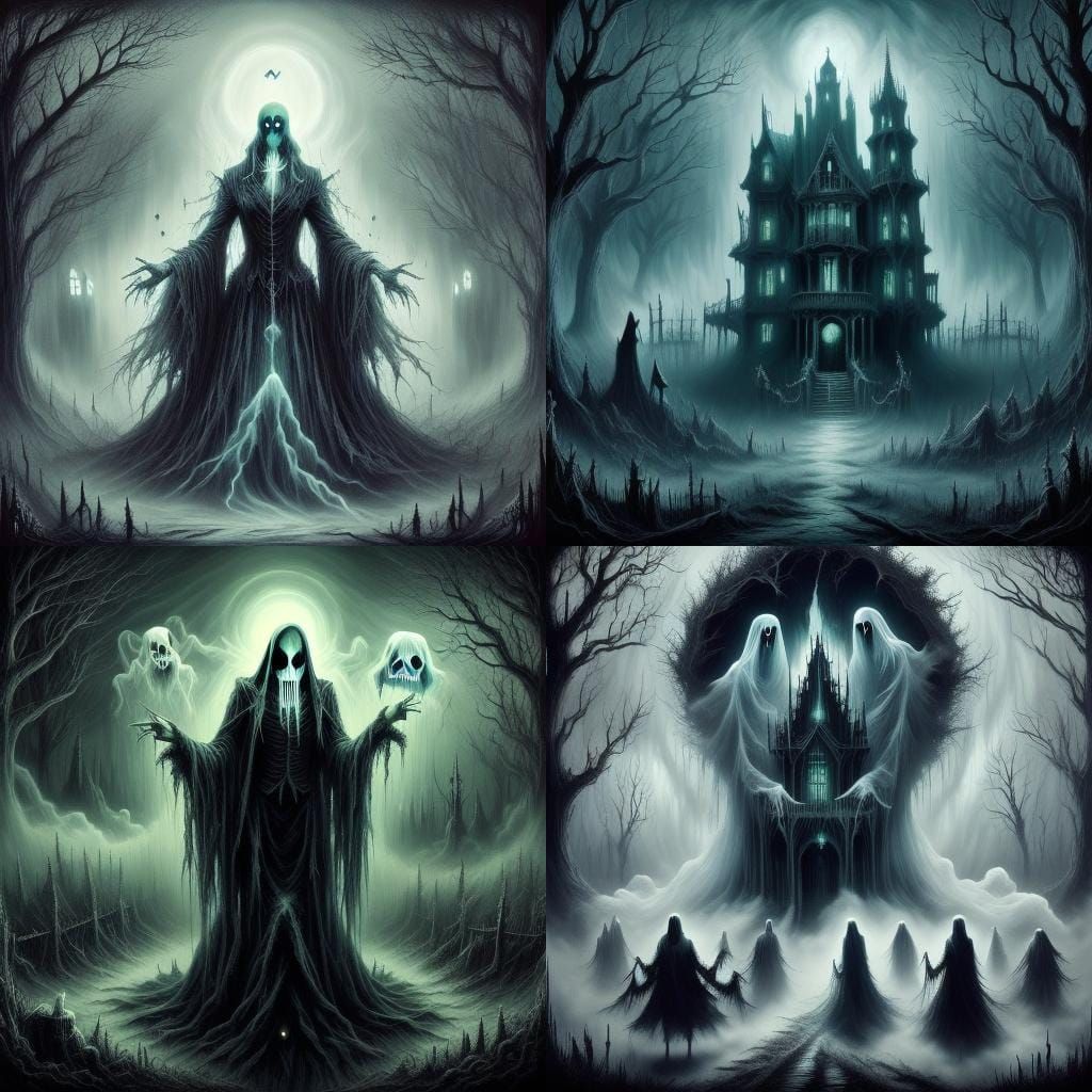 Eerie Haunted Mansion with Spectral Figures