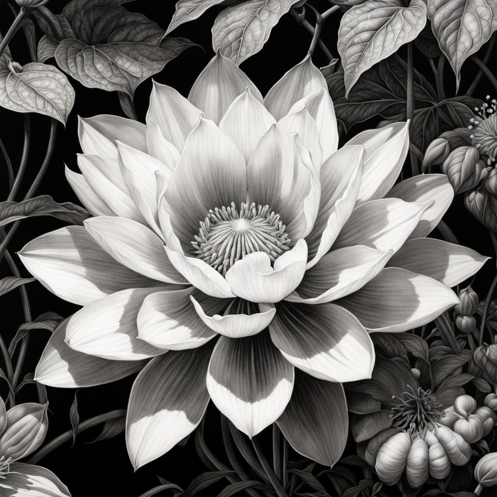 Botanical Nymphea in Pencil and Ink Drawing