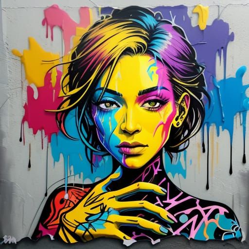 Person Surrounded by Graffiti in Melting Gouache Style