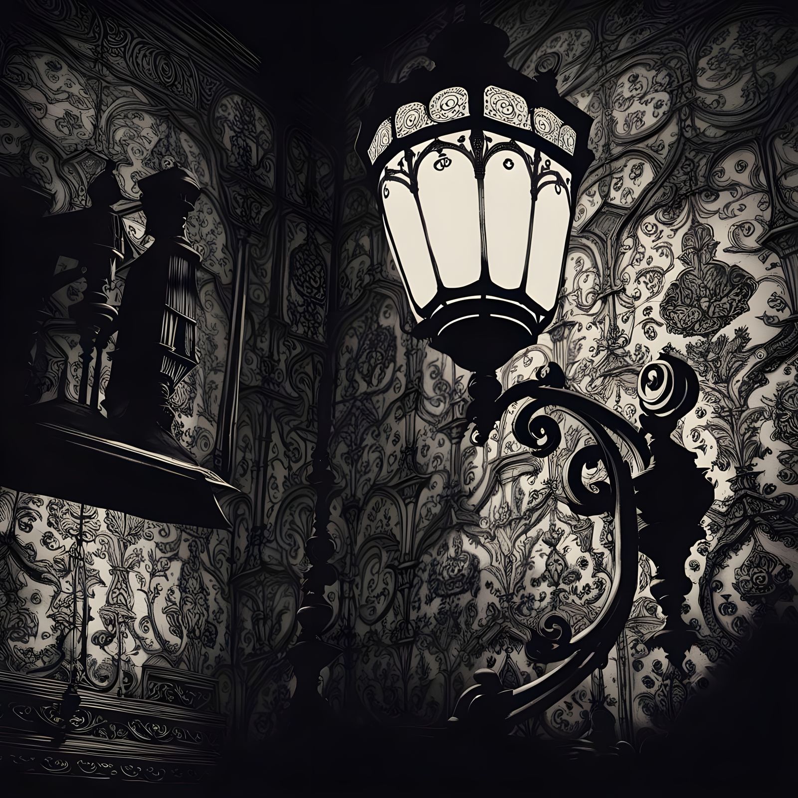 Sinister Victorian Lamp Room: Black and White Drawing