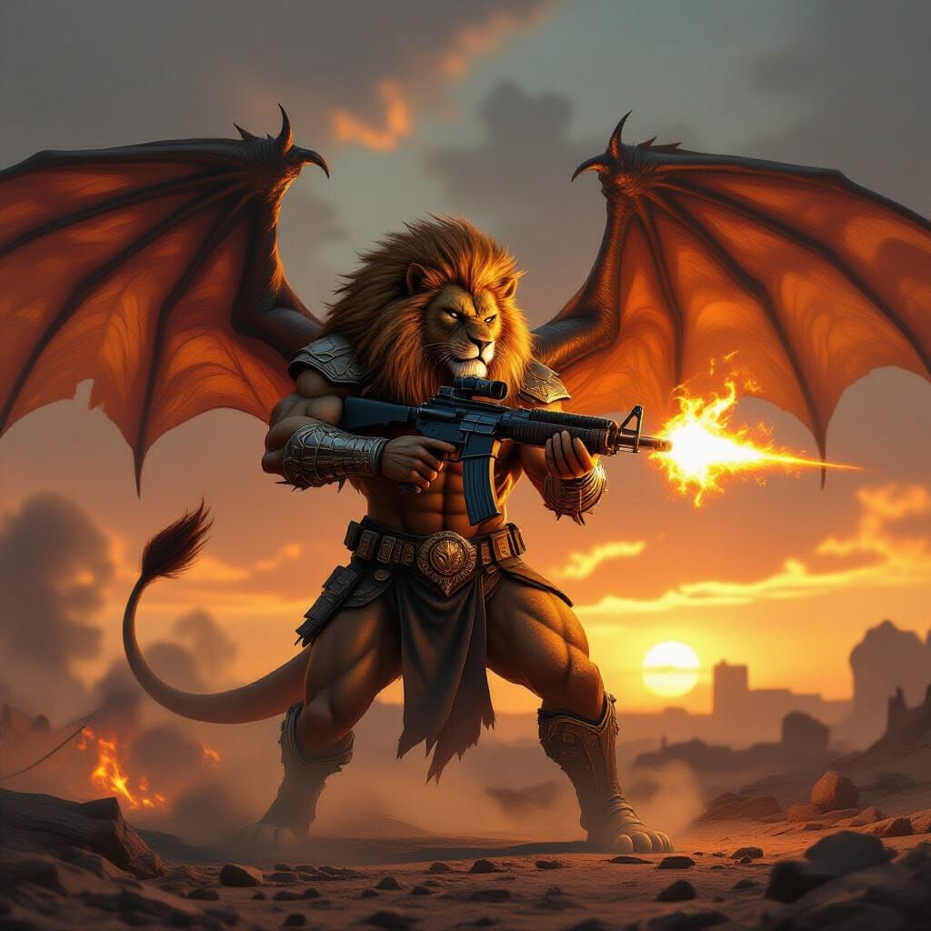 Human-Lion-Dragon Warrior with Fiery AK-47