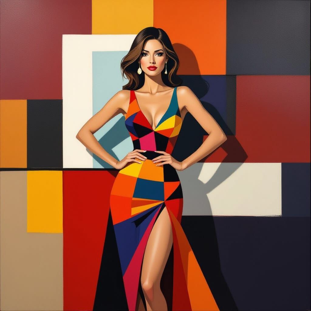 Woman Posing with Abstract Geometric Art