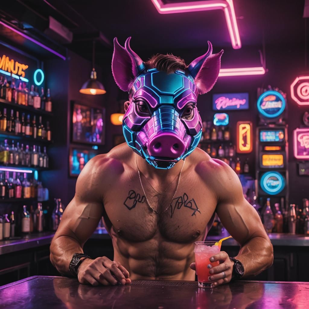 Neon Futuristic Bartender with Pig Mask