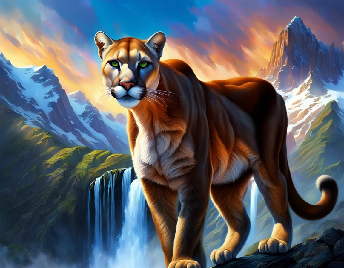 Mountain Lion in Cinematic Waterfall Landscape