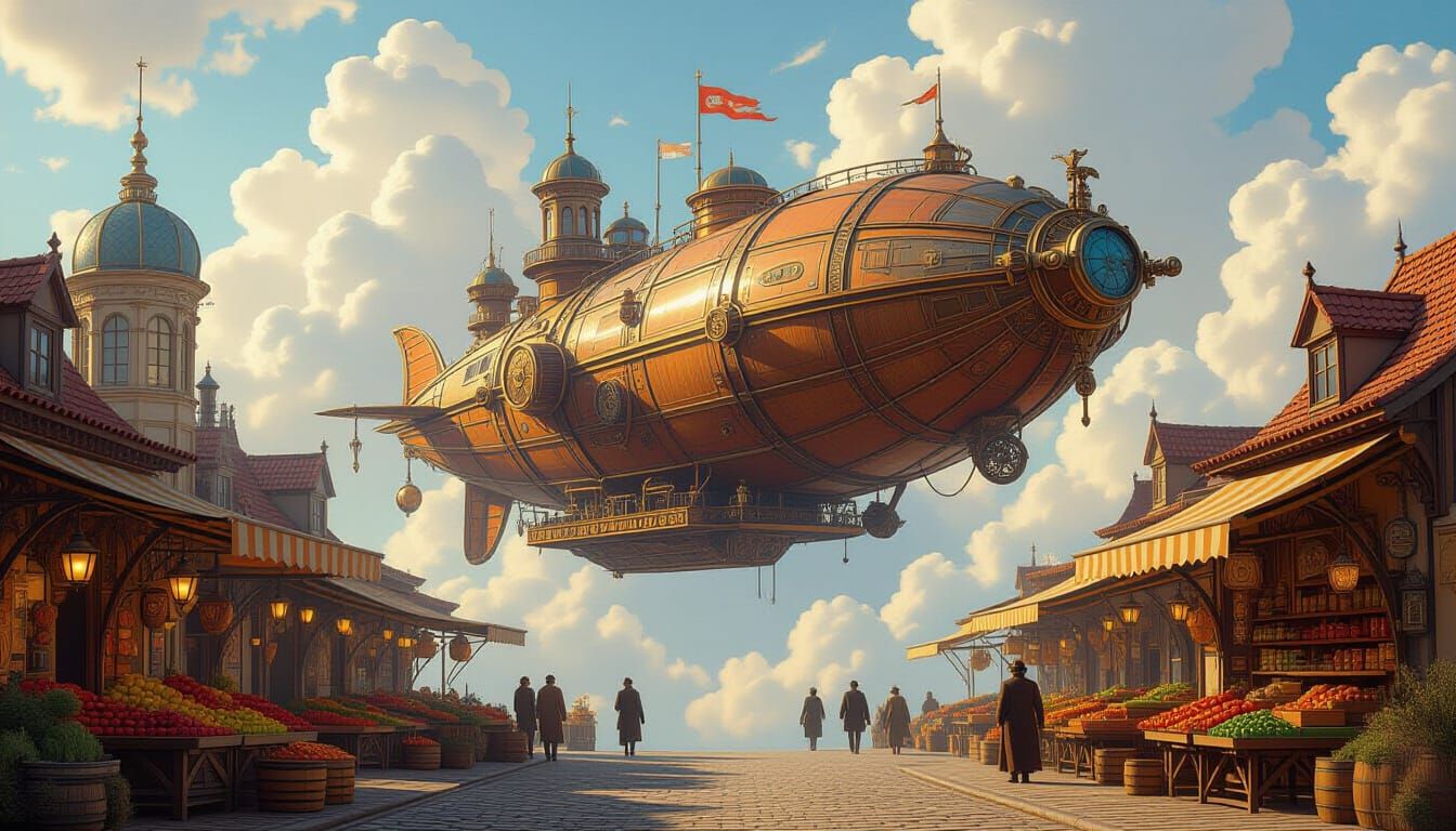 Steampunk Airship Market in Golden Hour Light