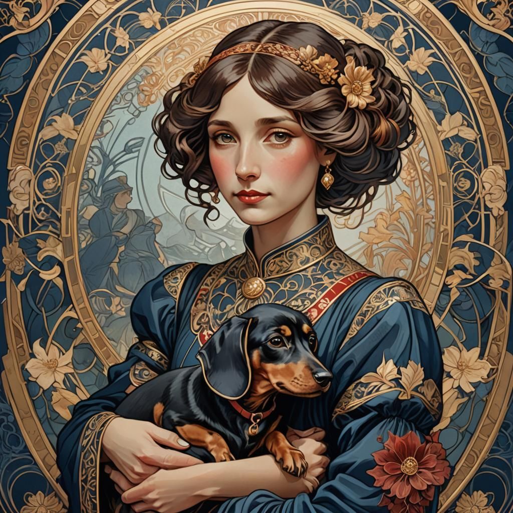Art Nouveau Lady with Dachshund Portrait