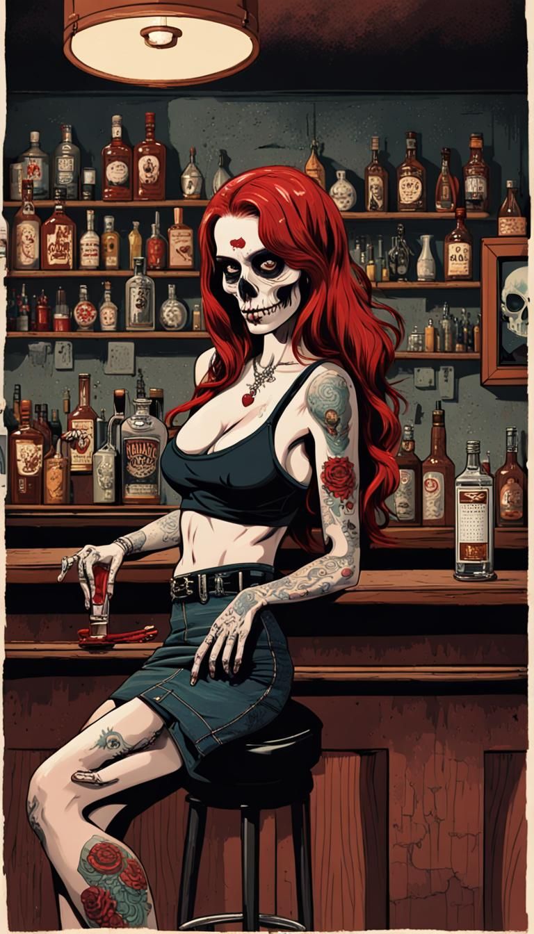 Zombie Woman in Smoky Bar with Skull Candle