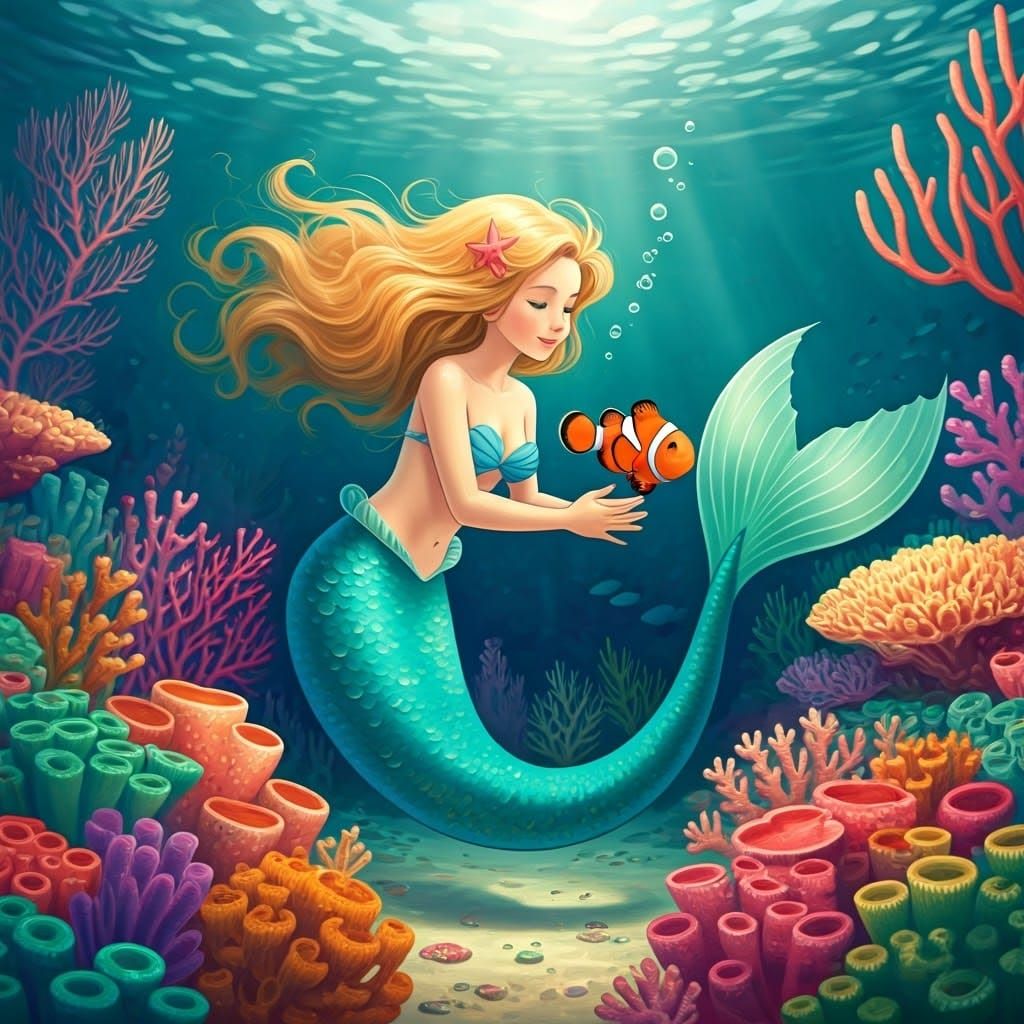 Mermaid Plays with Clownfish in Whimsical Coral Reef