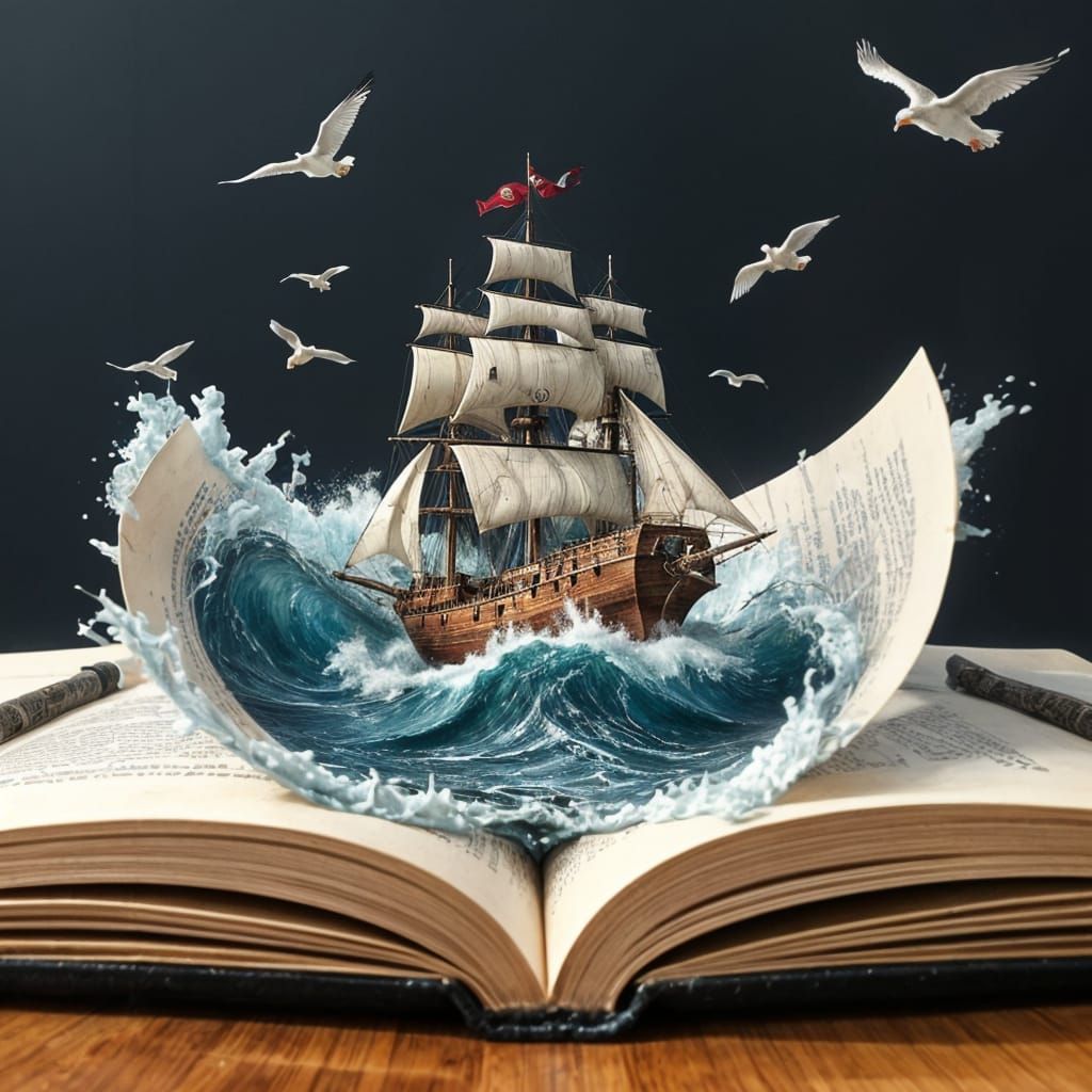 Pirate Ship Emerges from the Pages of an Open Book