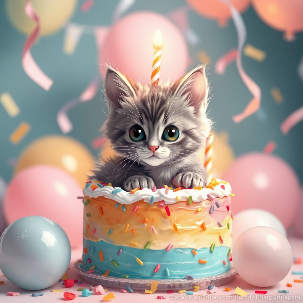 Kitten's Whimsical Birthday Celebration: Digital Art