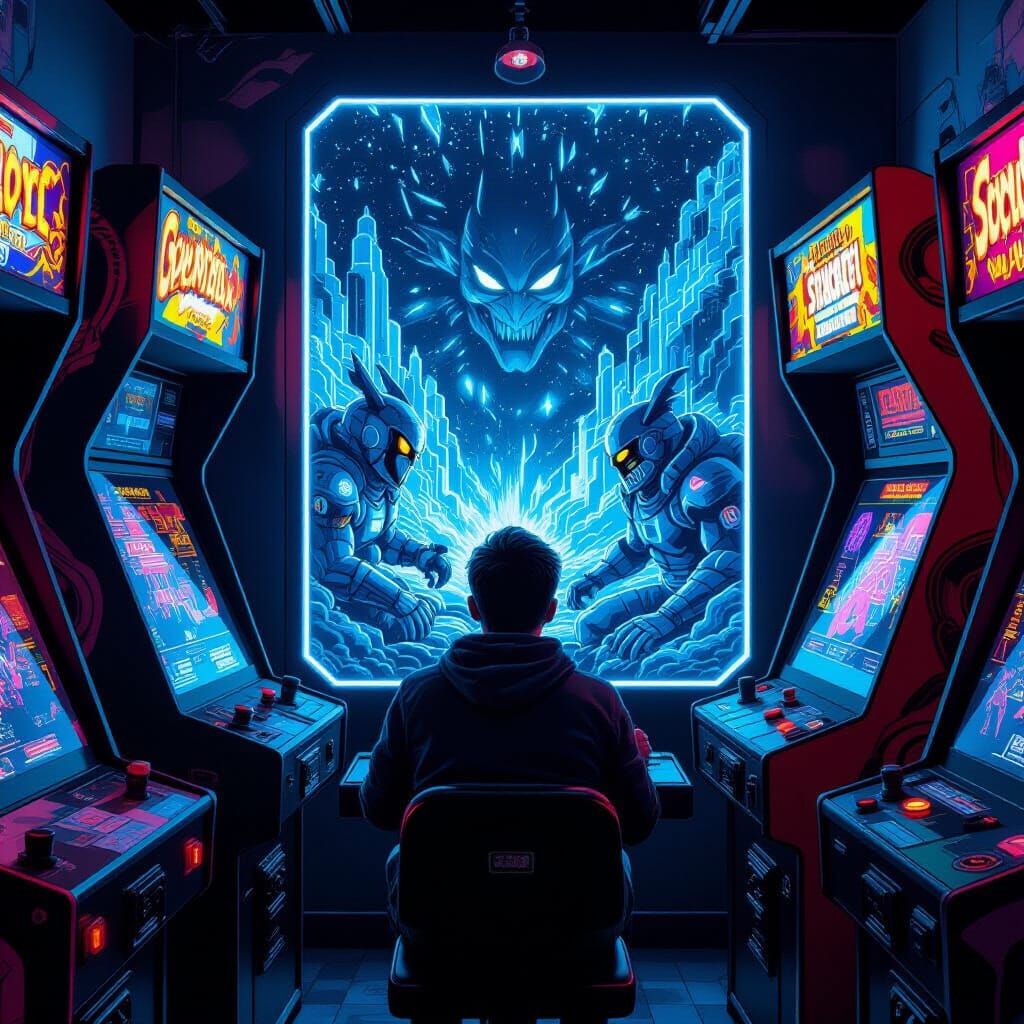 Video Game Characters Interact with Player at Neon Arcade