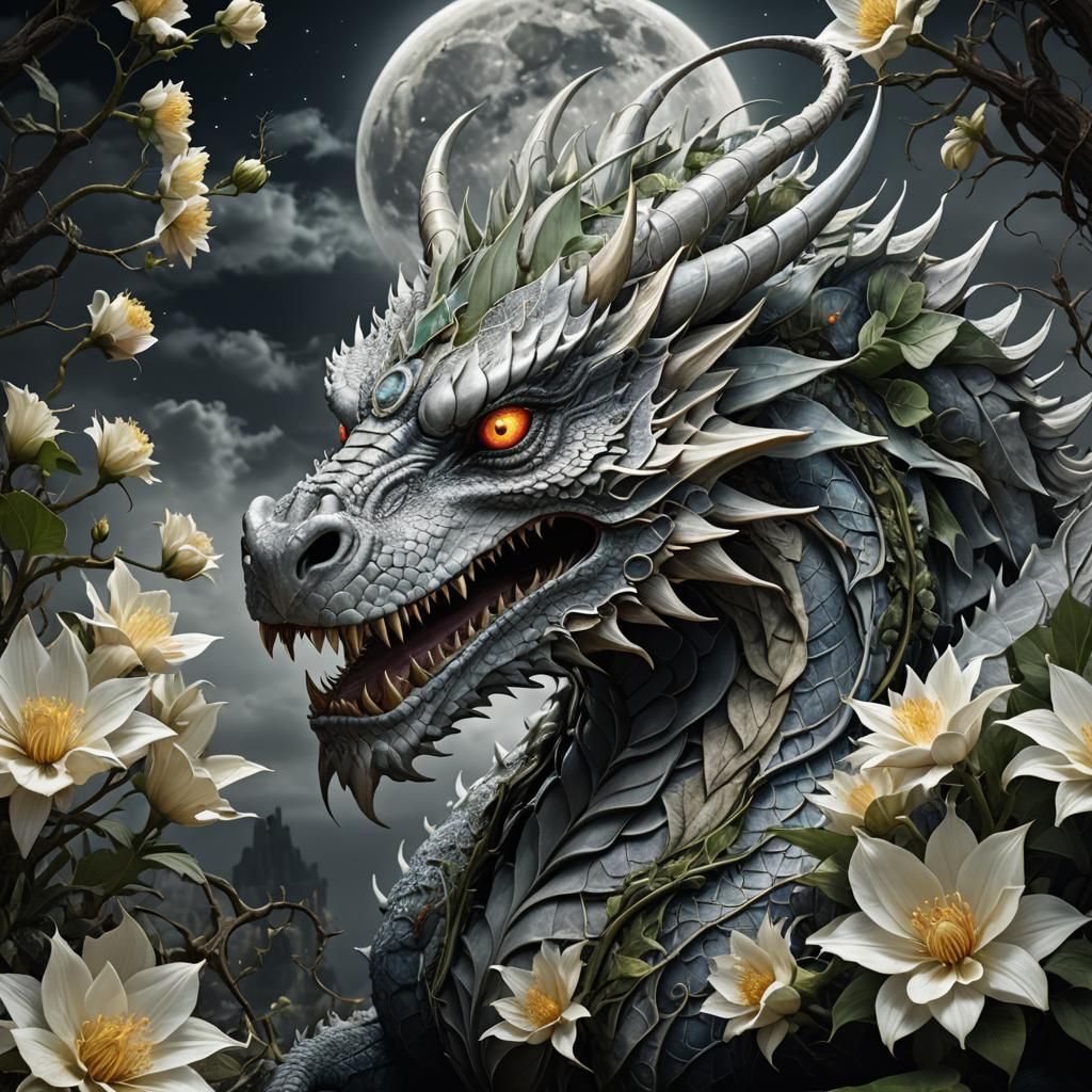 Hyperrealistic Moon Flower Dragon in HDR