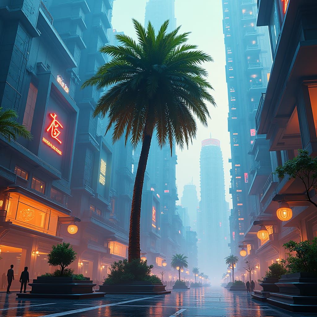Palm Tree in Futuristic Cityscape, Digital Art