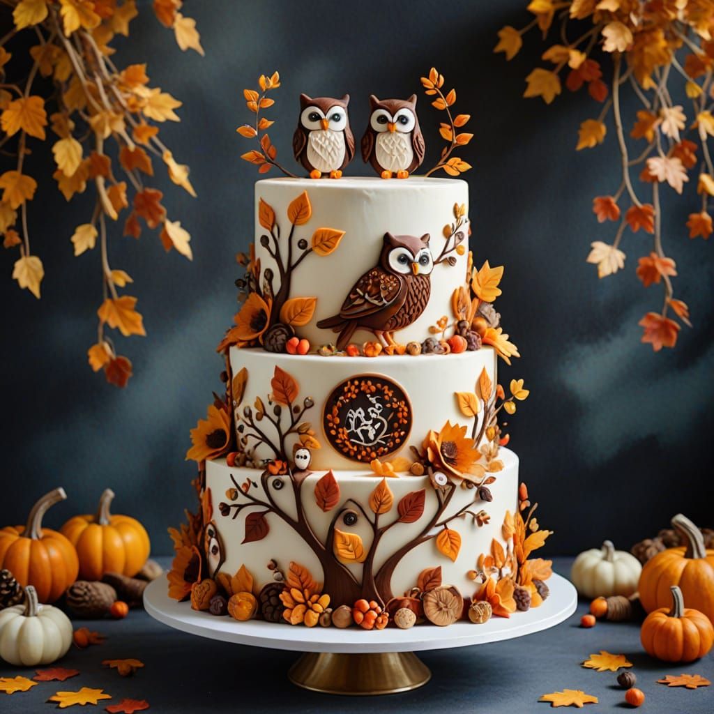 Magical Autumn Wedding Cake with Owl and Cat Decorations