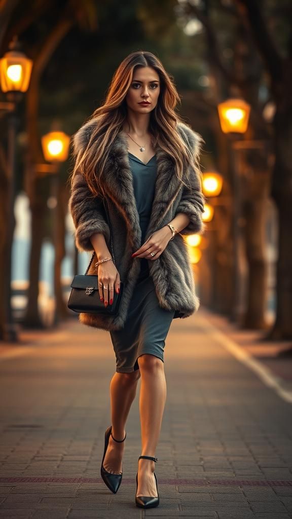 Woman in Mink Coat Walking Seaside Avenue