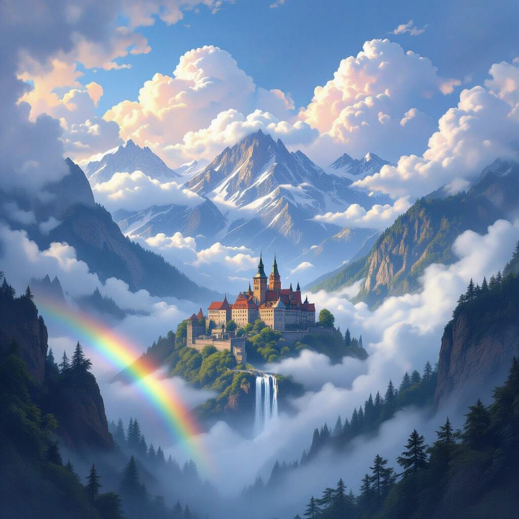 Fairytale Czech Mountains with Misty Waterfall and Castle