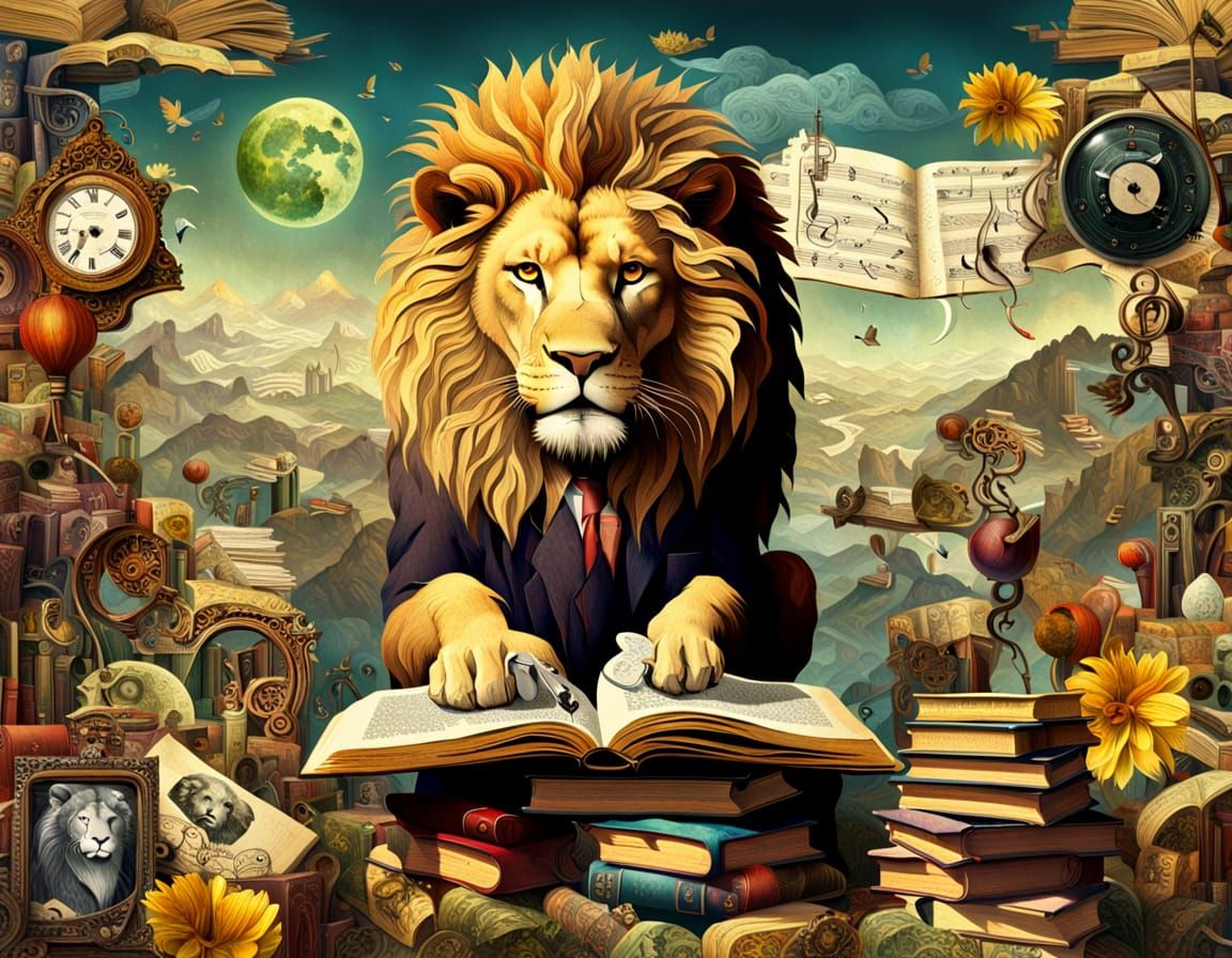 Surrealistic Collage of a Lion in a Whimsical Book-Instrumen...