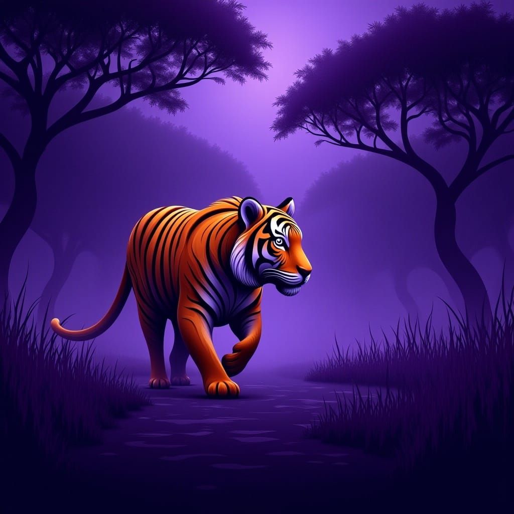 Twilight Tiger Charging Through Dreamlike Savannah