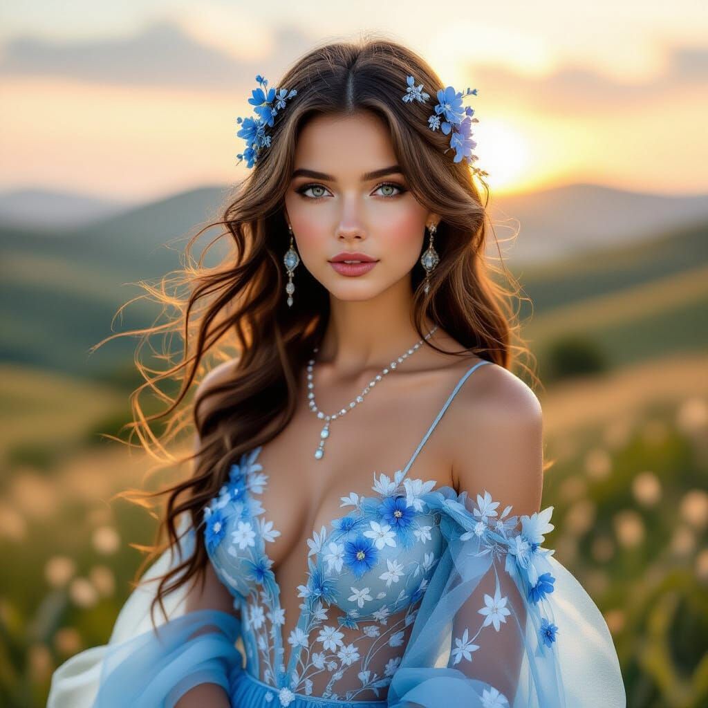 Ethereal Portrait of Woman with Flowers in Magical Style