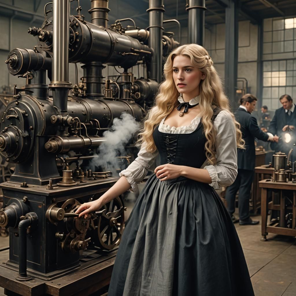 1890s Woman in Lab with Steam Engine