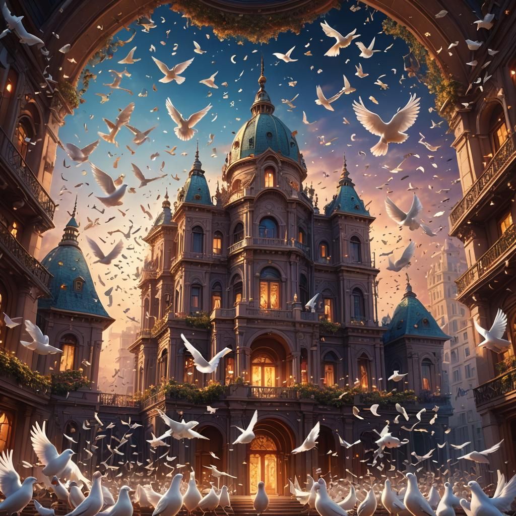 Musical Building with Doves: Fantasy Concept Art