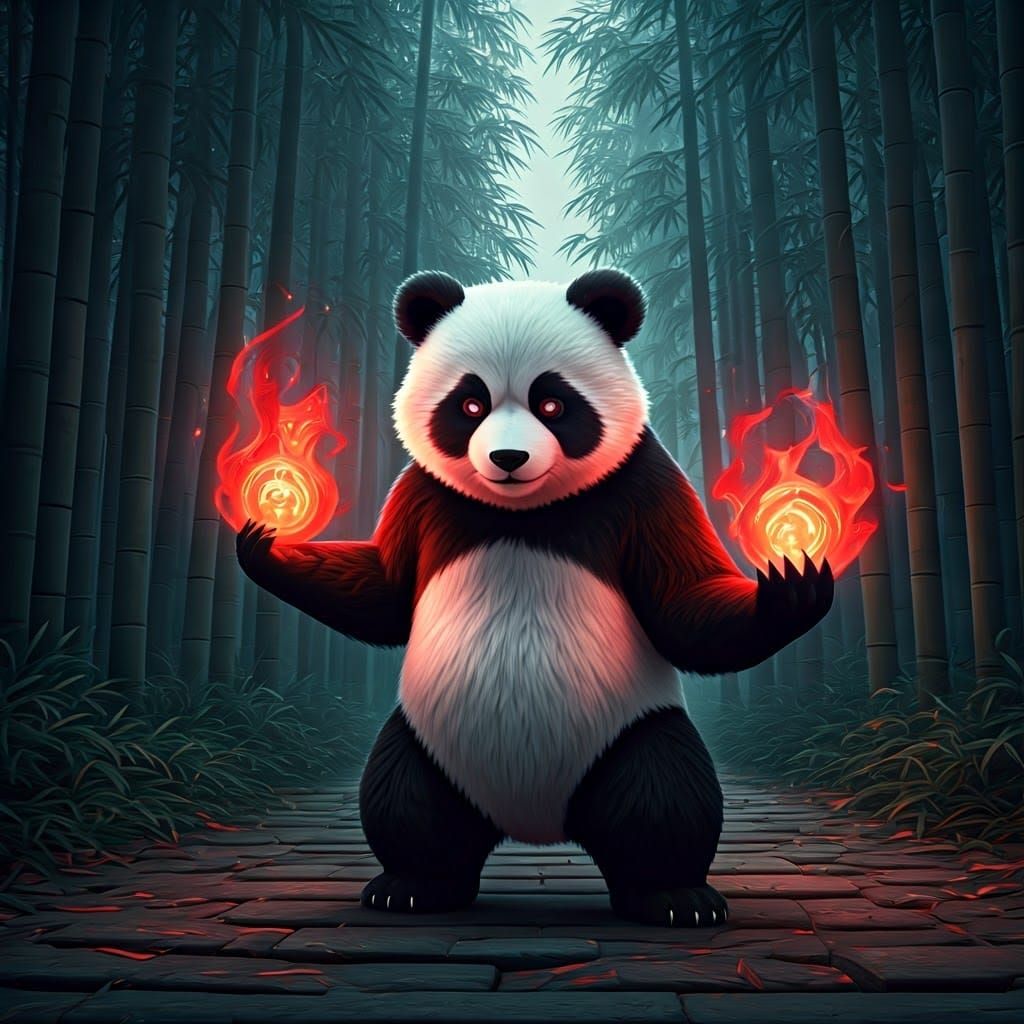 Mystical Panda in Black and Red Anime Style