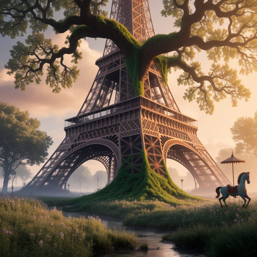 Eiffel Tower Reclaimed by Nature in Golden Sunlight