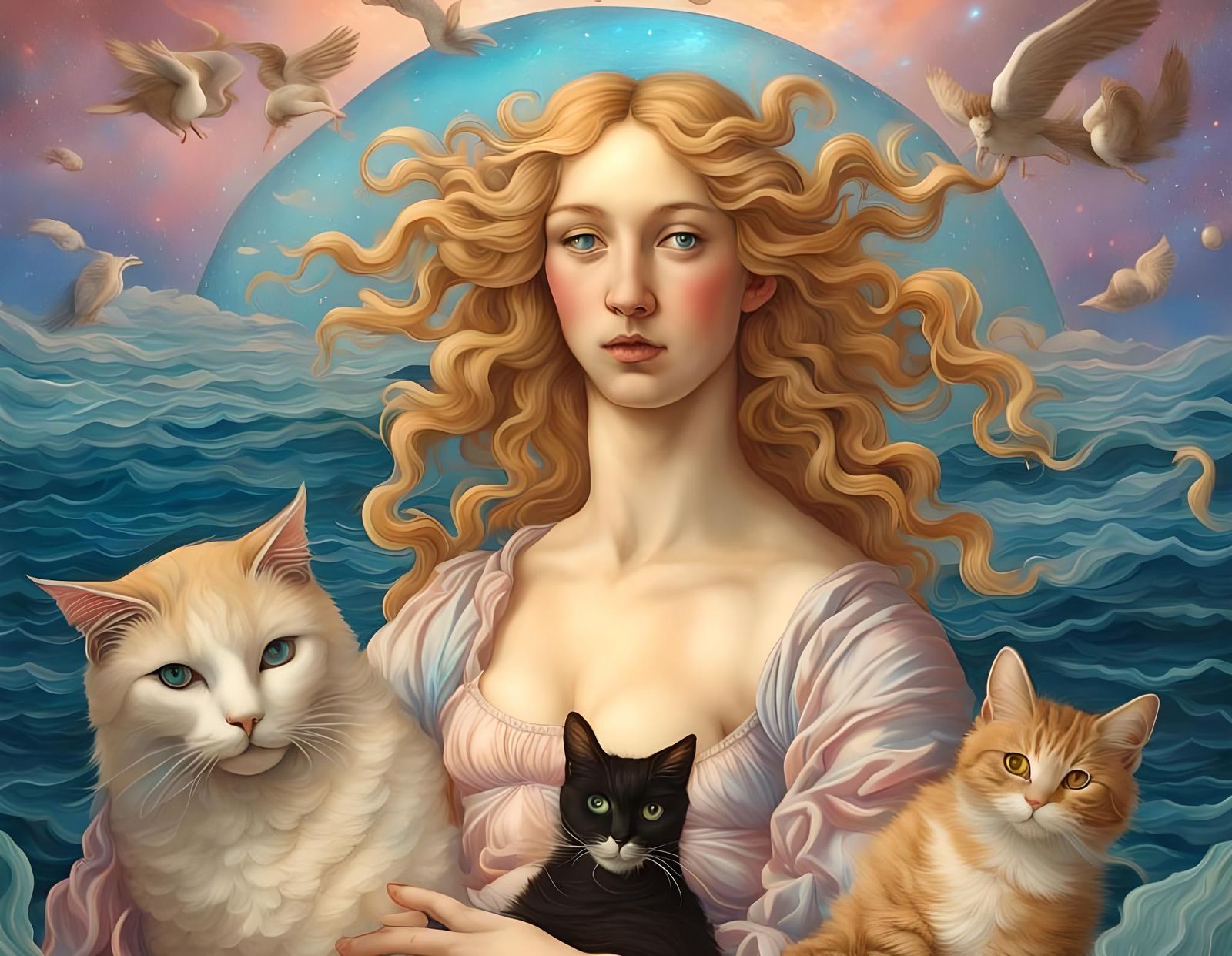Venus Holding Cat: A Botticelli-Inspired Cosmic Vision