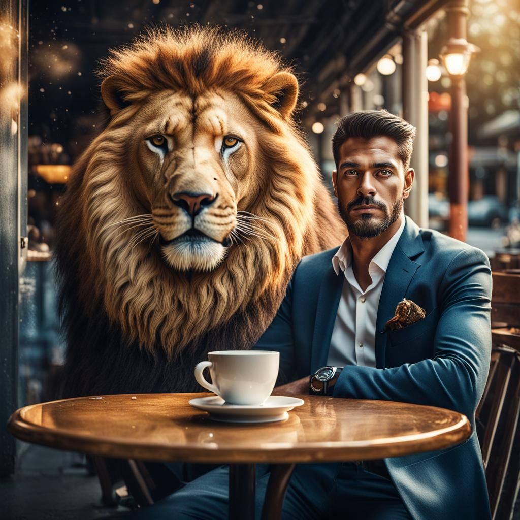 Lion-Headed Businessman in Cafe: Photorealistic Portrait