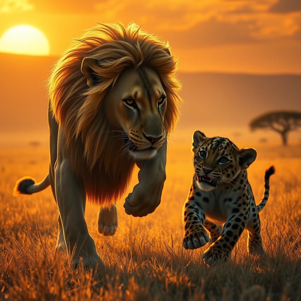 Golden Lion King in Epic African Savannah Landscape