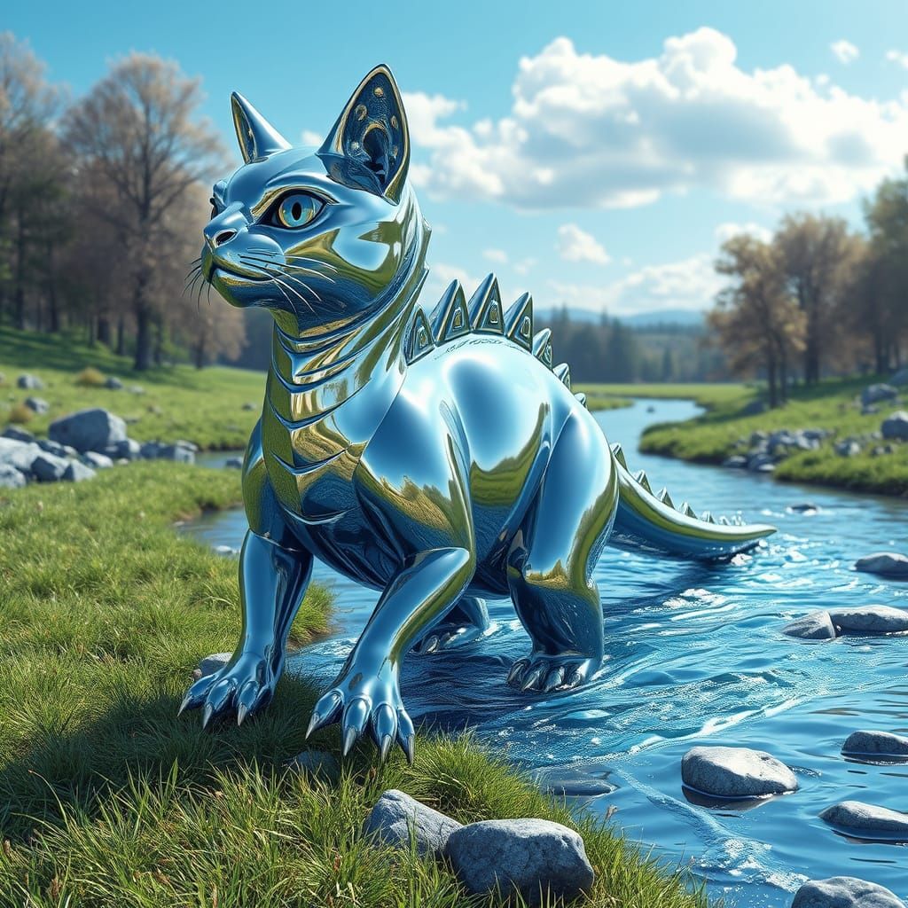 Chrome Cat-Dinosaur in Chrome Landscape: 3D Anime Art