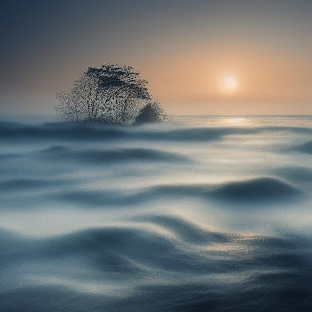 Misty Sunset Shoreline with Crystal Waves