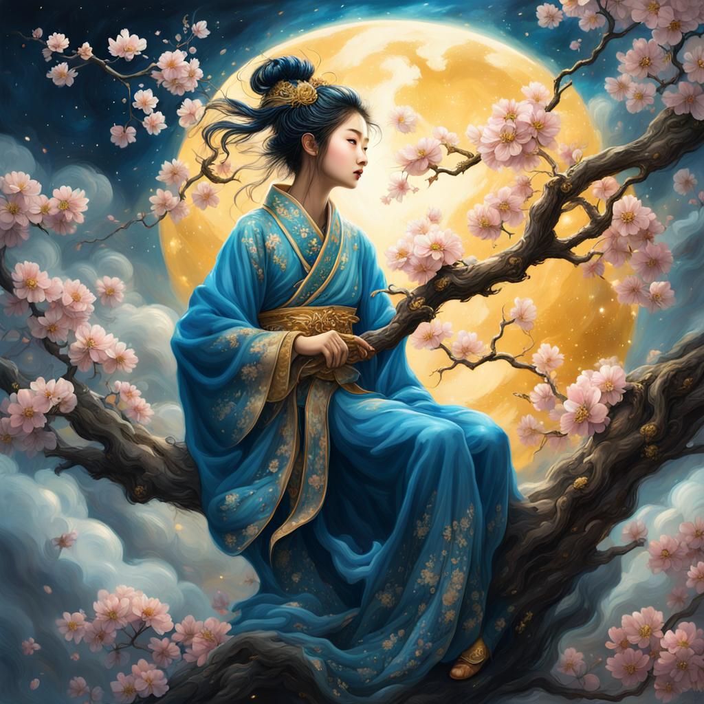 Chinese Fairy Tale on Sakura Branch in Dreamy Clouds