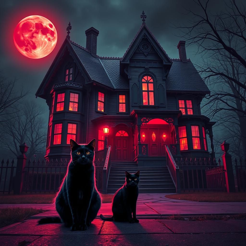 Spooky Black Cat in Front of Haunted House