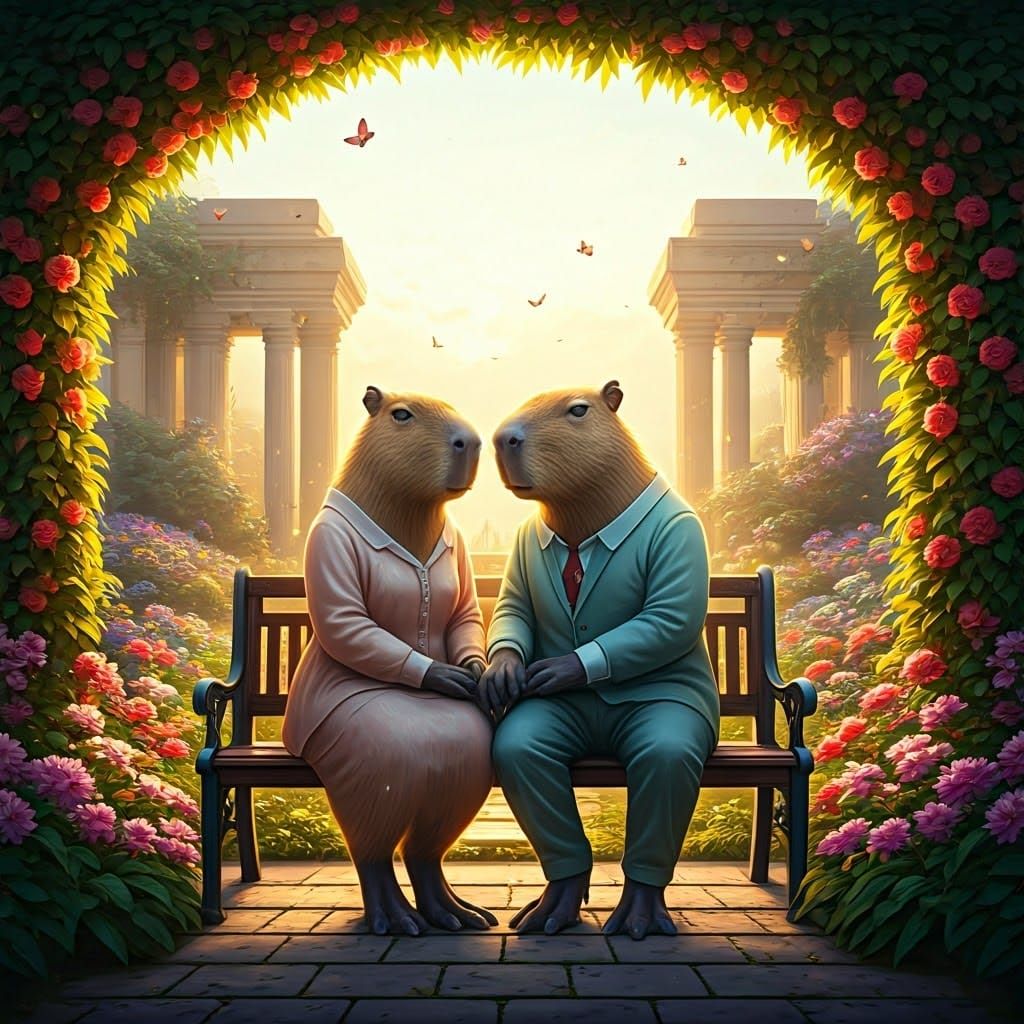 Anthropomorphic Capybaras in Whimsical Garden Paradise